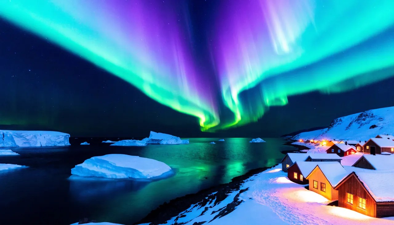 Nordlys over en grønlandsk kystby