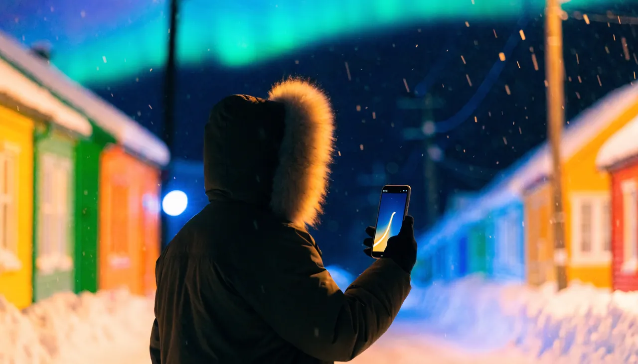 Spiller på vej hjem gennem en snedækket grønlandsk gade med telefonen i hånden under nordlyset